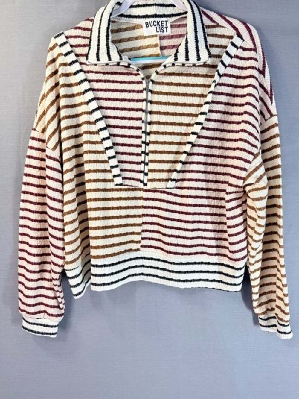 Bucket List Striped Half Zip Pullover Sweater Crinkle Knit Top Wine Size 2X